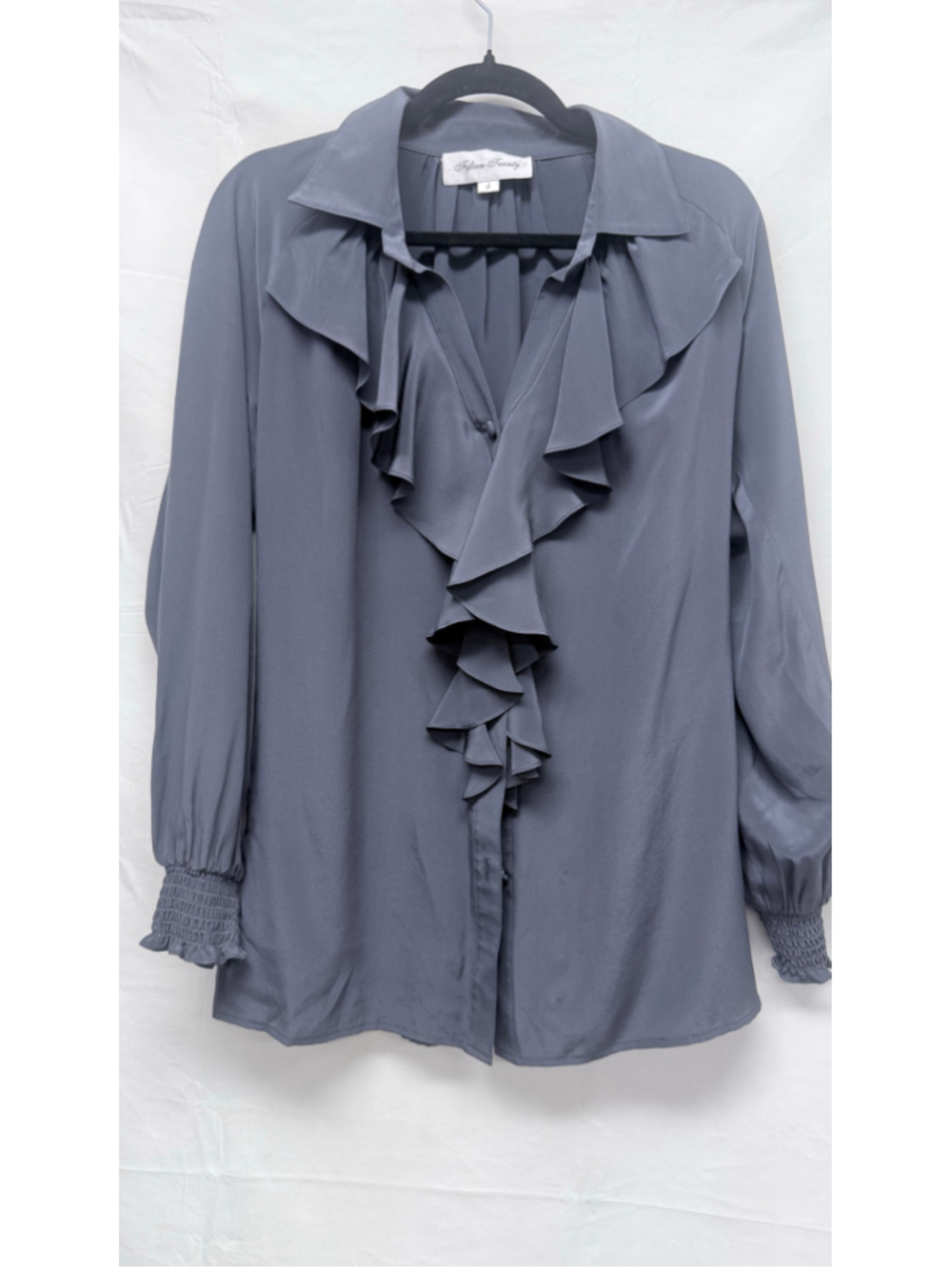 Women's Fifteen Twenty Grey Ruffle Silk Blouse, Size L